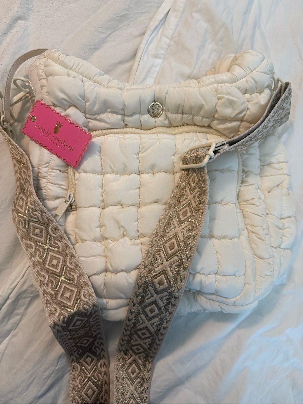Simply Southern Cream Quilted Shoulder Bag with Patterned Strap